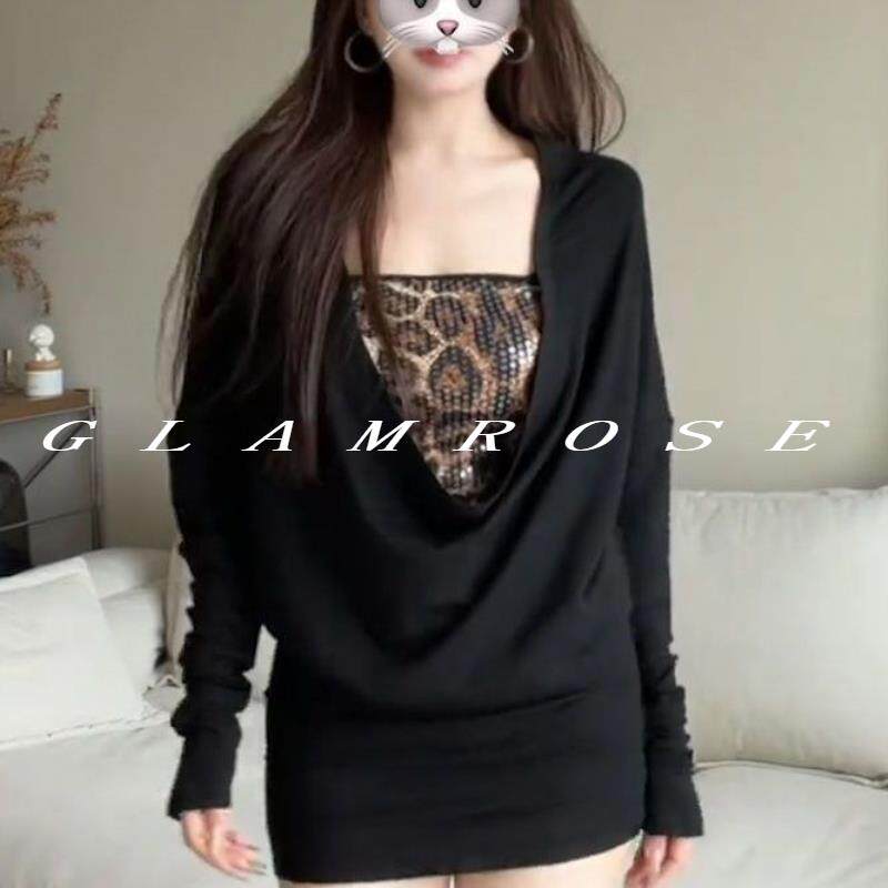 GLAMROSE⭐大码性感荡领长袖连衣短裙两件套亮片豹纹抹胸气质套装