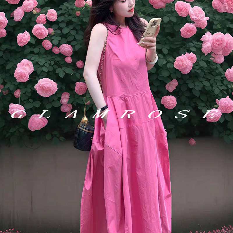 GLAMROSE⭐法式玫粉色无袖背心连衣裙女夏宽松显瘦长裙