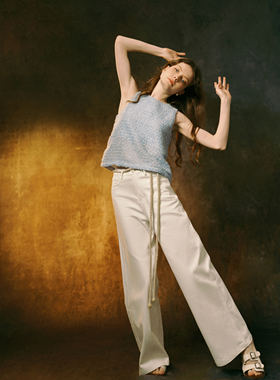 「明星同款」INGE 白色有机棉斜纹肌理高腰阔腿牛仔裤（含腰绳）