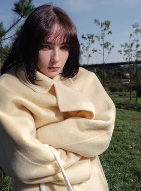 INGE 淡鹅黄色全羊毛细腻极简落肩宽松慵懒风双面呢长款大衣外套