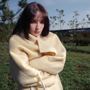 INGE 淡鹅黄色全羊毛细腻极简落肩宽松慵懒风双面呢长款大衣外套