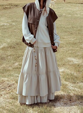 INGE 柔雾灰莫代尔棉层次感抽褶蛋糕裙拼接下摆半身长裙