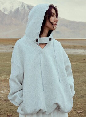 INGE 冷雾灰一衣两穿V领可拆卸帽子落肩花苞抽绳插袋卫衣宽松上衣