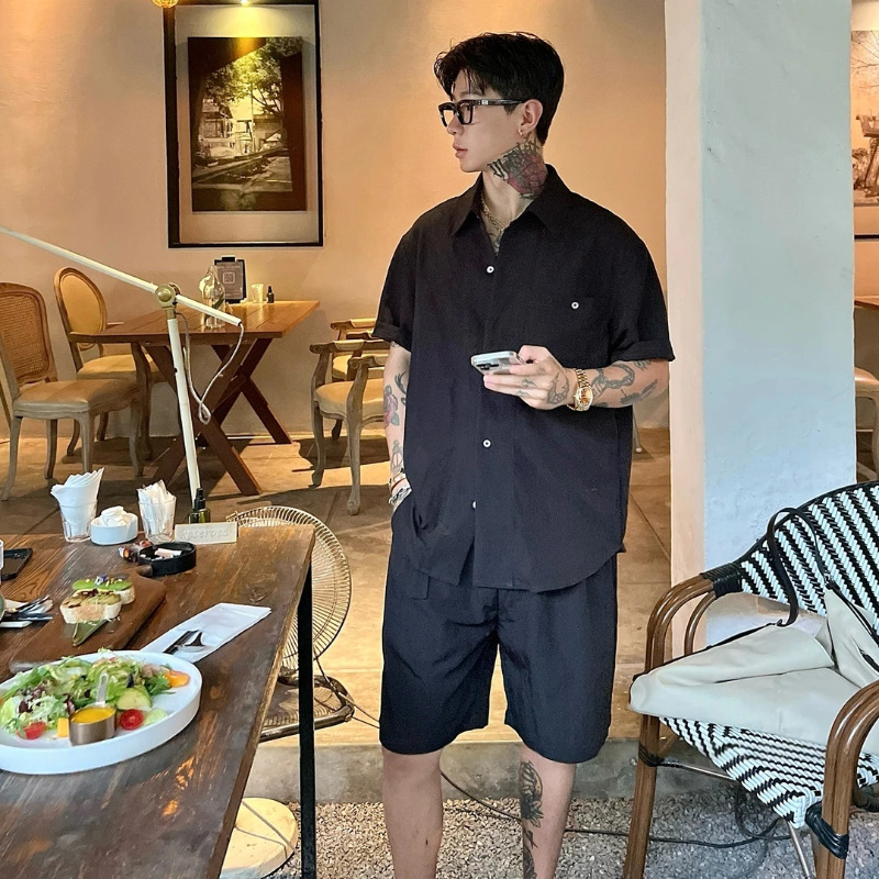 美式休闲简约时尚高级感翻领衬衫短裤夏季男女复古简约两件套装