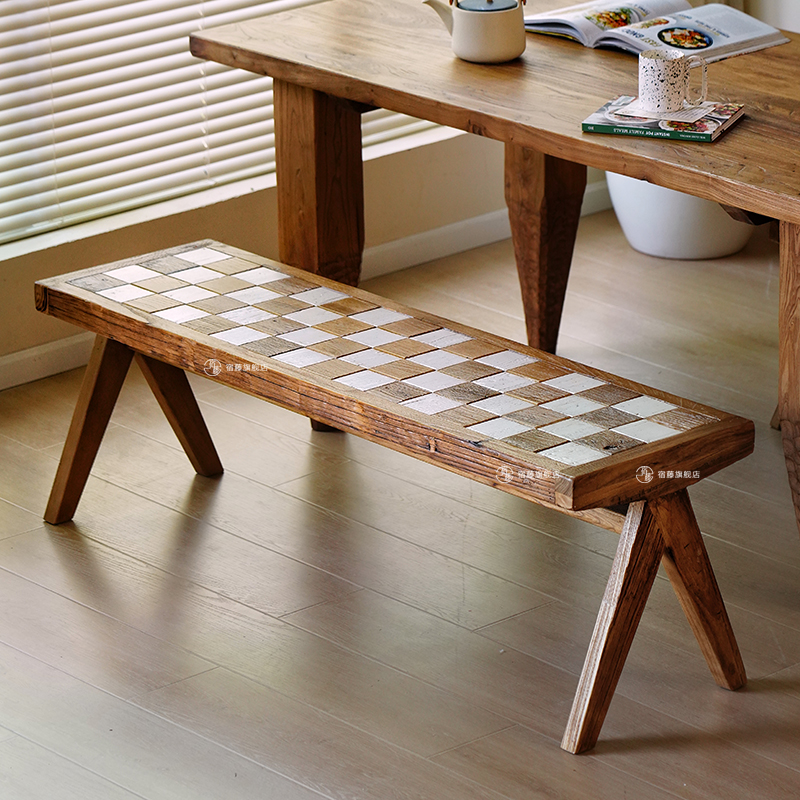北欧老榆木长凳棋盘格拼花长条凳实木床尾凳现代简约家用餐凳