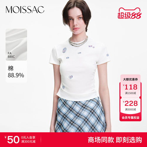 MOISSAC 商场同款2026夏季可爱少女风单侧抽褶章仔装饰短袖T恤女