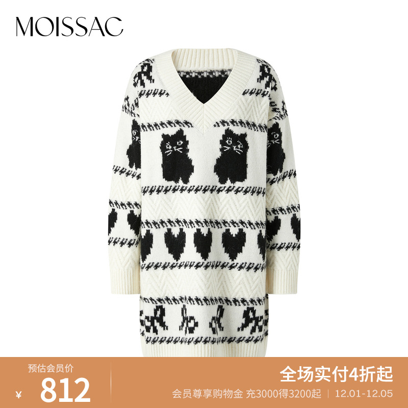 卡通图案提花套头长款毛衣