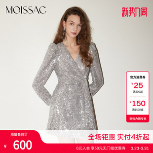 摩萨克年会派对女王银色亮片闪耀泡泡袖 礼服连衣裙女 长袖