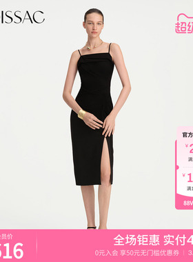 商场同款 摩萨克春修身黑色抽褶优雅礼服吊带连衣长裙女