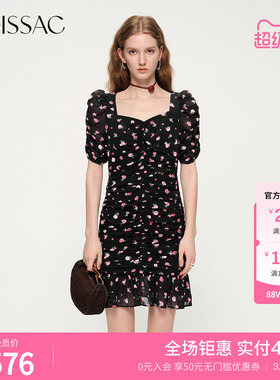 商场同款 摩萨克夏粘纤桑蚕丝方领系带短袖收腰印花连衣裙女