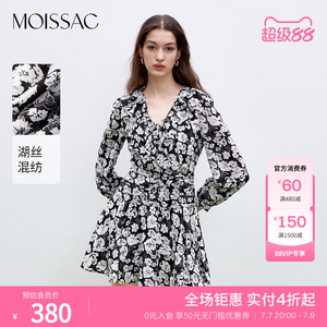 商场同款 摩萨克秋装V领系带黑白芍药印花短款长袖连衣裙女