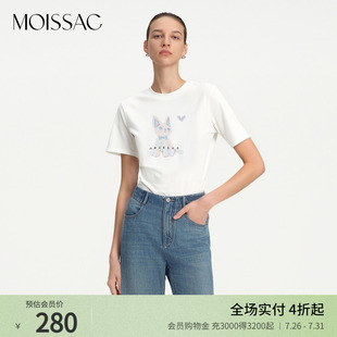 商场同款 上衣女 摩萨克夏季 纯棉猫咪Minuo印花刺绣圆领T恤短袖