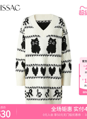 商场同款 摩萨克冬新款卡通猫咪套头长款毛衣针织衫连衣裙女