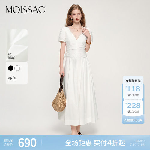 MOISSAC摩萨克夏棉混纺优雅风重工蕾丝拼接露背短袖长款连衣裙女