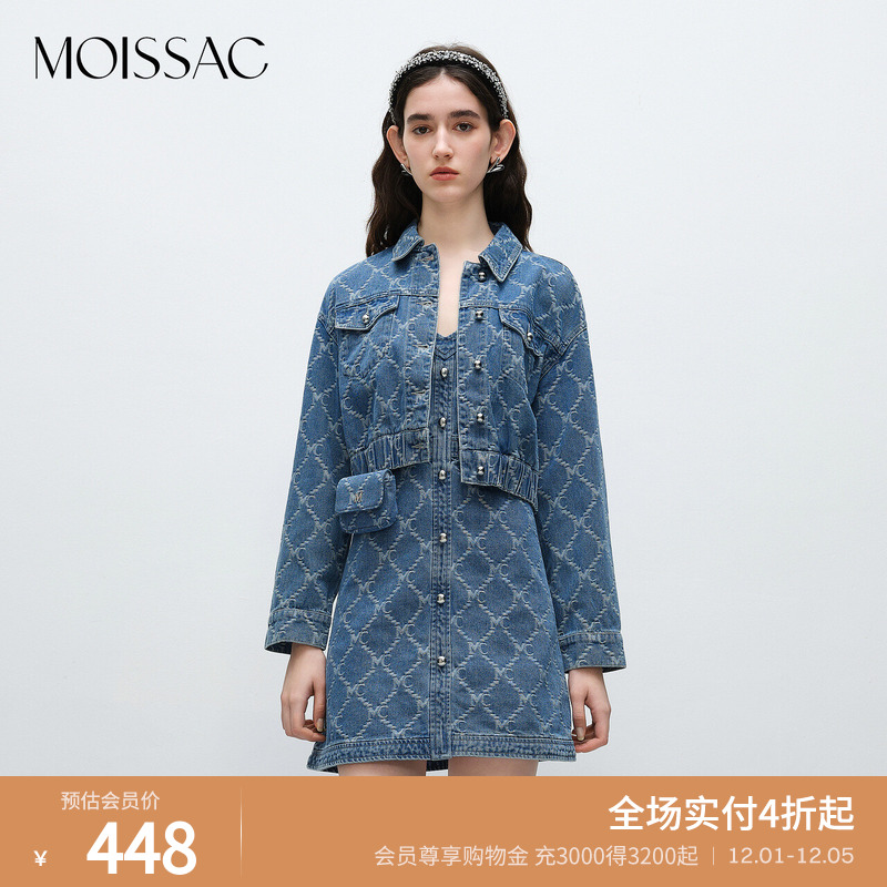 收腰翻领短款满印提花牛仔外套