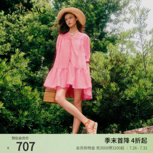 连衣裙女 摩萨克夏季 苎麻法式 甜美少女V领中袖 系带收腰中短款