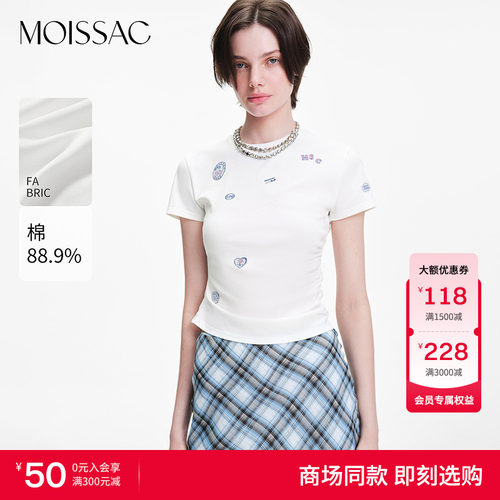 MOISSAC 商场同款2026夏季可爱少女风单侧抽褶章仔装饰短袖T恤女