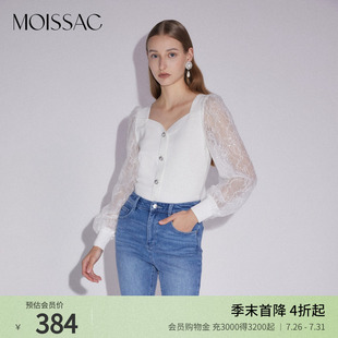 针织开衫 商场同款 方领蕾丝半透明袖 摩萨克春装 上衣女 法式