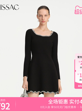 商场同款 摩萨克春钉珠花边领法式收腰长袖针织连衣裙女