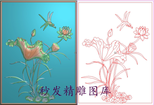 荷花蜻蜓精雕图灰度图浮雕清廉沙发大床背板柜子门板莲花268x365