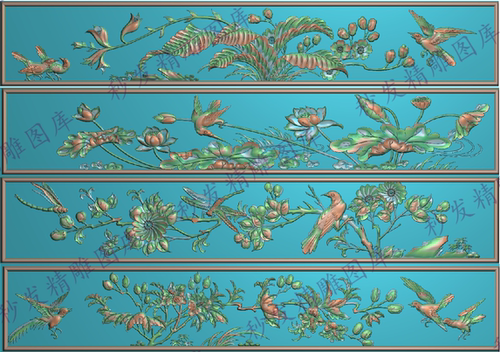 四季花精雕图荷花翠鸟蜻蜓菊花花鸟围板抽斗横407x70灰度图浮雕图