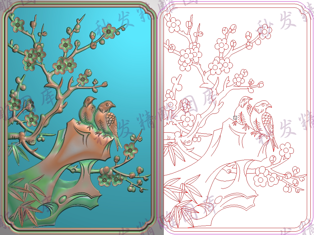 精雕图jdp电视柜门板梅花鸟喜鹊竹子餐椅休闲椅靠背板171x256浮雕