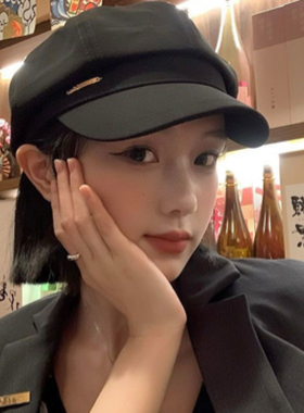黑色贝雷帽春秋季ins网红百搭帽子女日系大头围显脸小八角画家帽