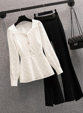 胖妹妹洋气漂亮小衫女春装大码法式方领衬衫上衣微喇裤气质两件套