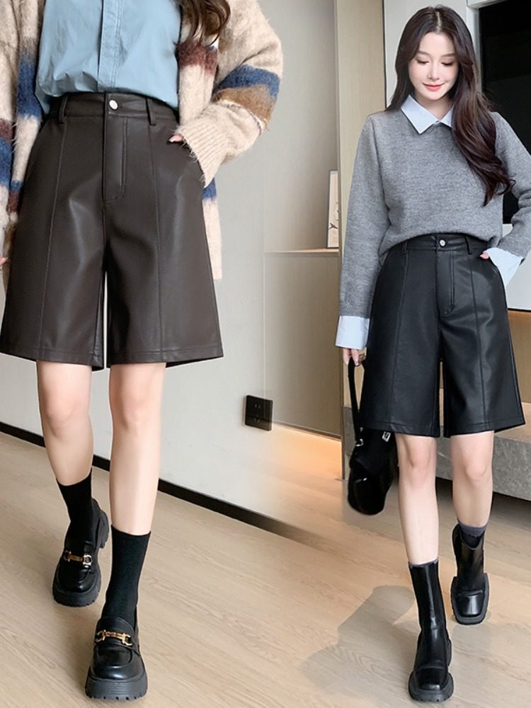Plus size Maillard Curry Puleather shorts Women's Outwear Fall and winter Plus Size Ladies high waist Slim Looking Loose Wide Leg Half Length Boots