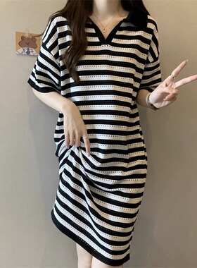 大码女装2026夏新款胖mm遮肚子显瘦休闲t恤裙黑白条纹polo连0517r