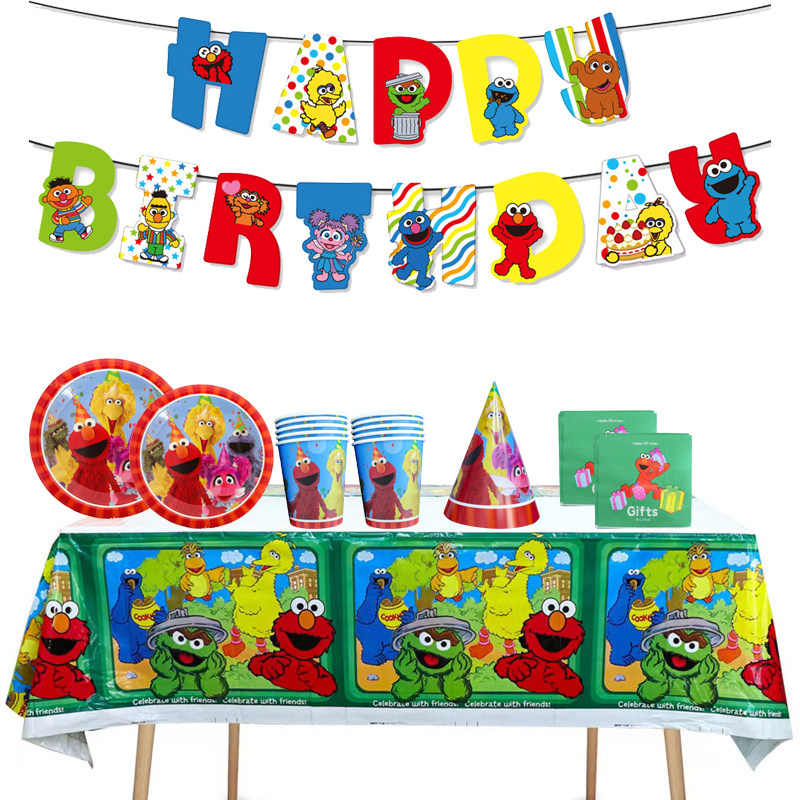 芝麻街主题生日派对装饰餐具一次性纸盘纸杯纸巾帽横幅气球背景布