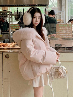 粉色羽绒服女冬季2025新款韩版宽松加厚保暖大毛领面包服外套女款