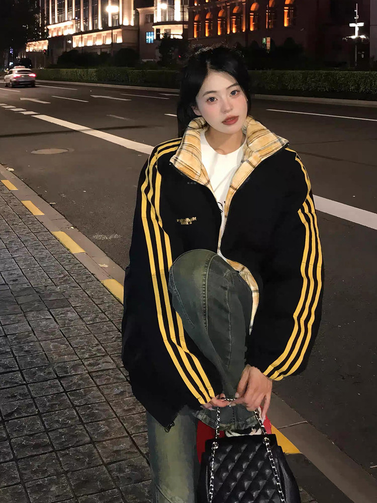 American Retro Striped Stand-Collar Down Jacket Thick Coat for Women, New Winter Style, Warm, Loose, Casual, Student Puffer Jacket