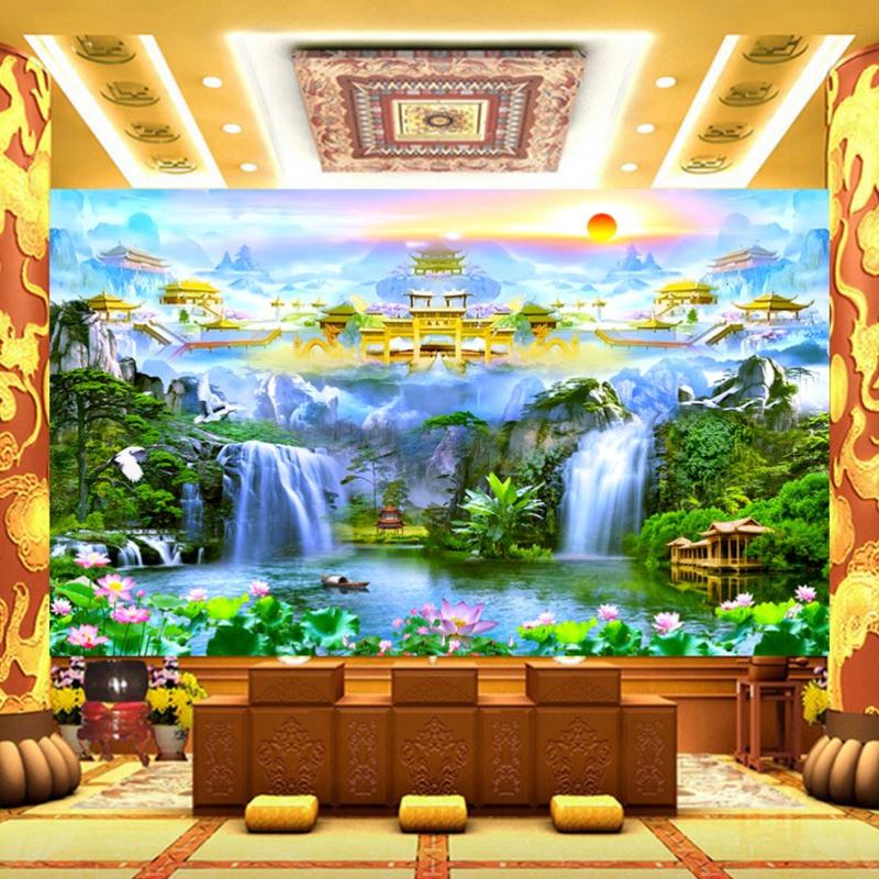 天宫仙境供桌壁纸仙鹤荷花山水祥云莲花装饰画佛道仙堂背景墙纸