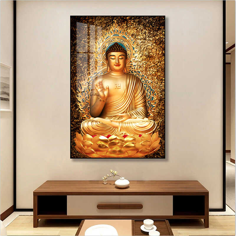 释迦摩尼佛像挂画佛堂玄关晶瓷画大日如来寺庙背景墙画