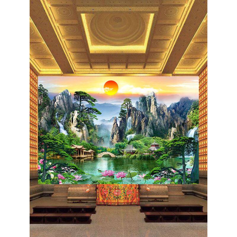 佛仙道堂无动物山水壁画松树风景客厅贴纸画流水聚宝盆墙布贴壁纸