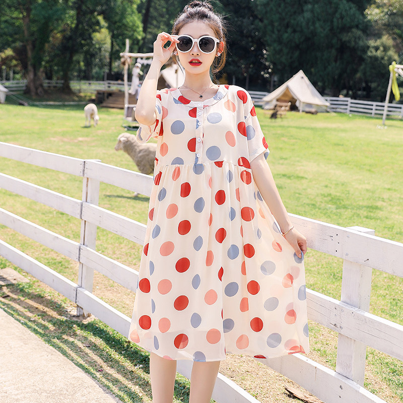 网红孕妇装洋气潮妈抖音连衣裙夏装2020年新款套装孕晚期彩色圆点