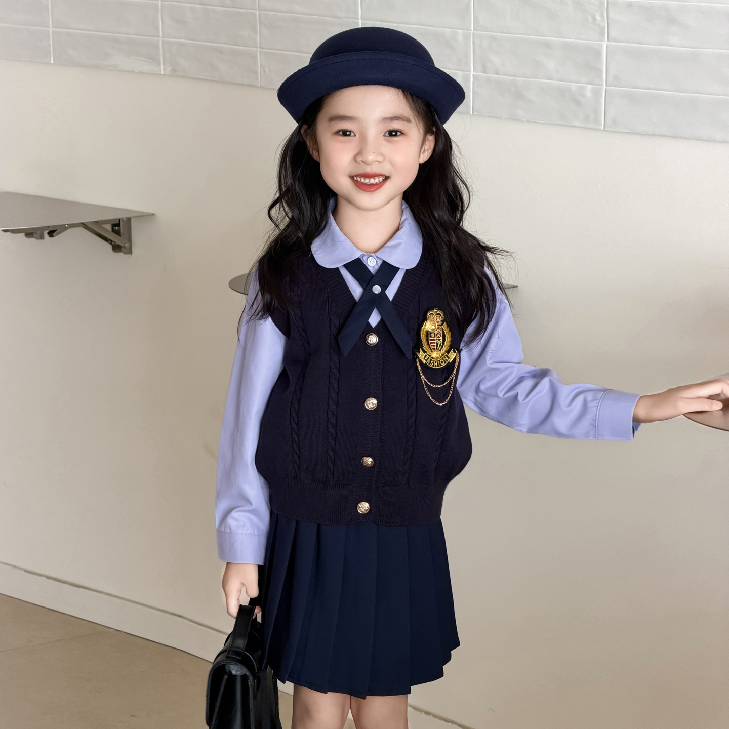 女童学院风jk衬衫马甲百褶裙子套