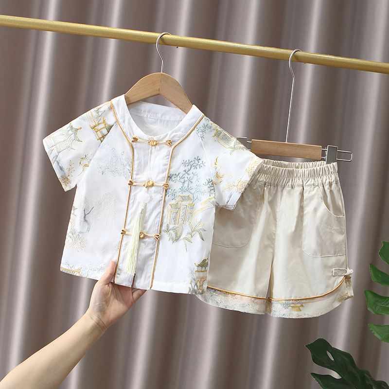男童短袖汉服套装2025夏季男宝宝唐装抓周礼服幼儿园表演服两件套