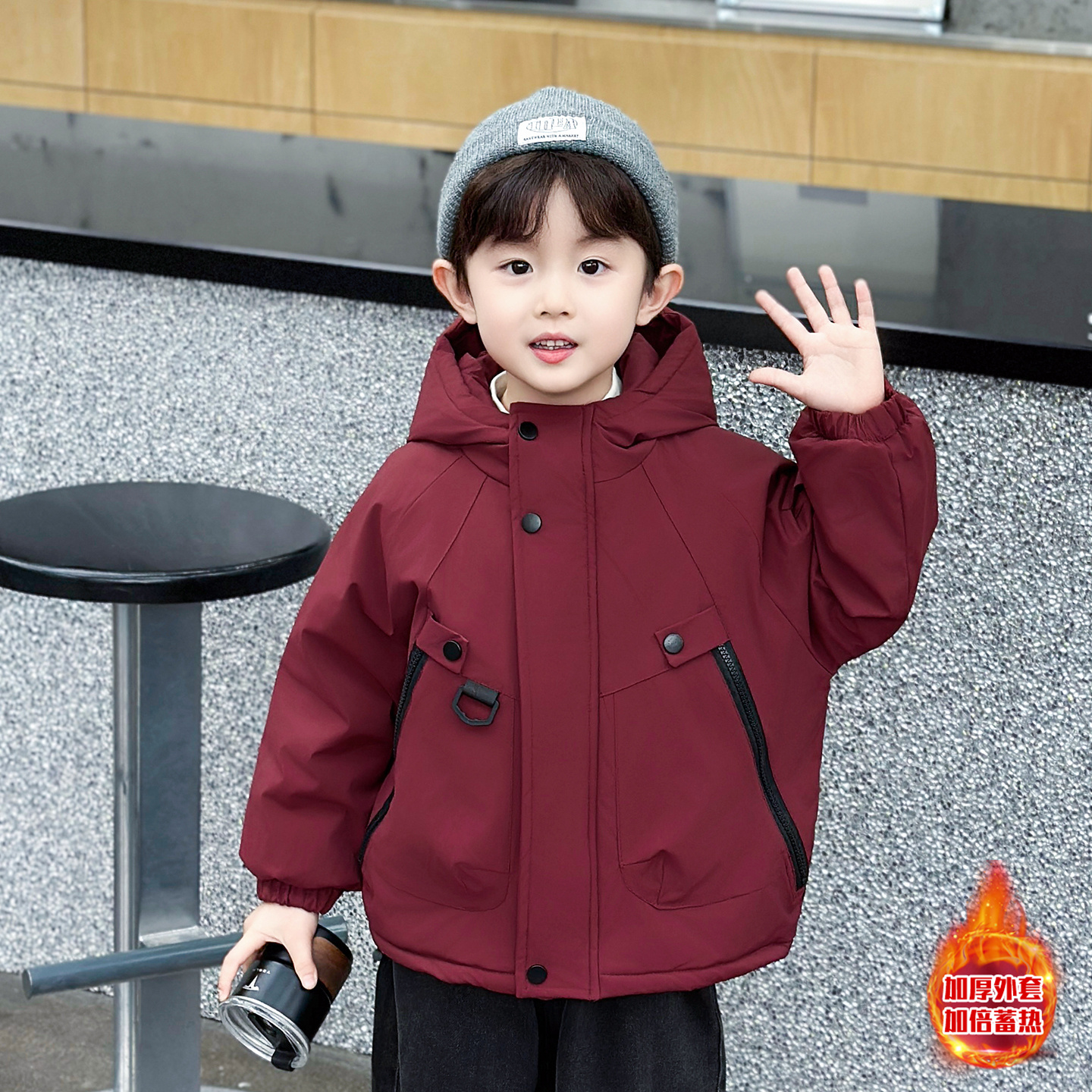 男童加绒外套秋冬连帽加厚派克服