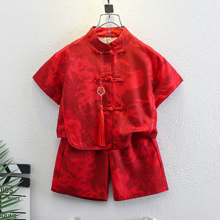 男童汉服套装夏季新中式2025新款宝宝周岁礼服儿童短袖衬衫演出服