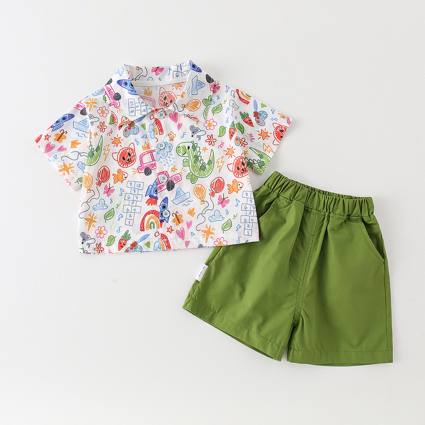 男童夏季卡通印花衬衫套装男宝宝沙滩装薄款透气半袖短裤两件套潮