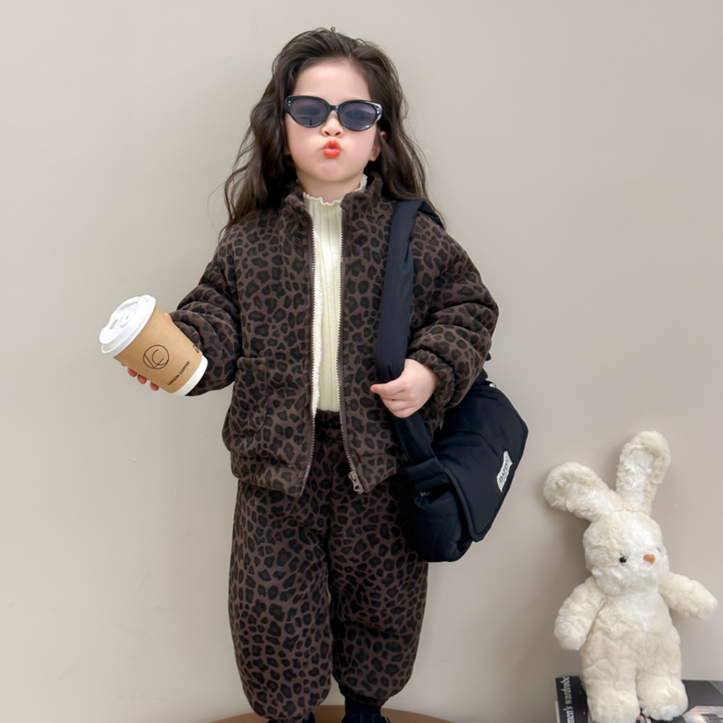 男女童豹纹棉衣套装儿童装三层加绒加厚韩版休闲宝宝运动服两件套