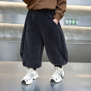帅气男孩一体绒雪尼尔加厚长裤 儿童灯笼裤 子2025秋冬装 男童加绒裤