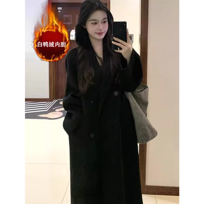 黑色羽绒服内胆毛呢外套女中长款2024冬季新款加厚小个子呢子大衣