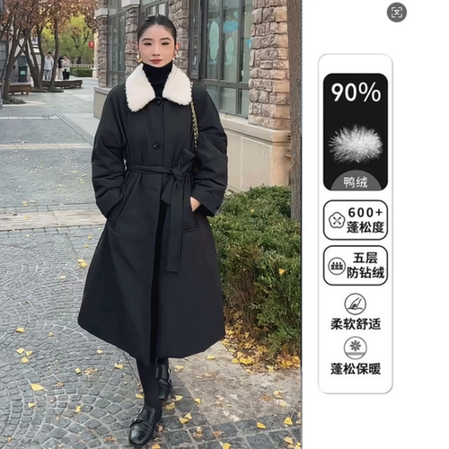 黑色毛领白鸭绒羽绒服女2025冬季新款版型巨好看的冬装中长款保暖
