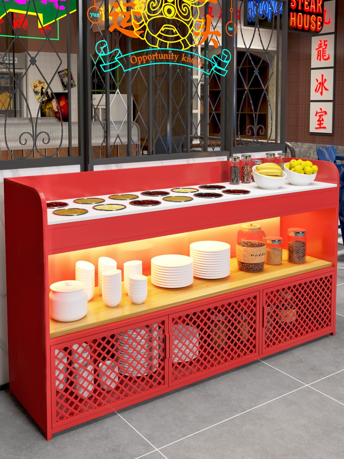 大理石调料台商用工业风火锅店自助蘸料台led实木自助餐厅小料台