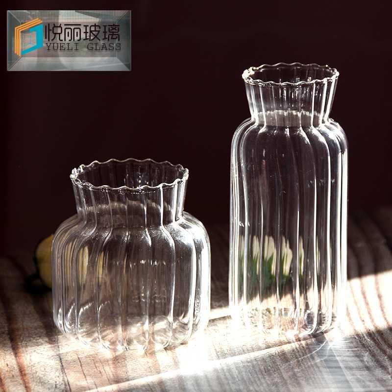 手作花瓶 小花瓶 ins风 日式花器条纹波浪玻璃花瓶桌面装饰摆件j