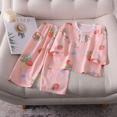 儿童睡衣莱塞尔棉套装天丝绸薄款男孩女童夏季绵空调宝长袖家居服