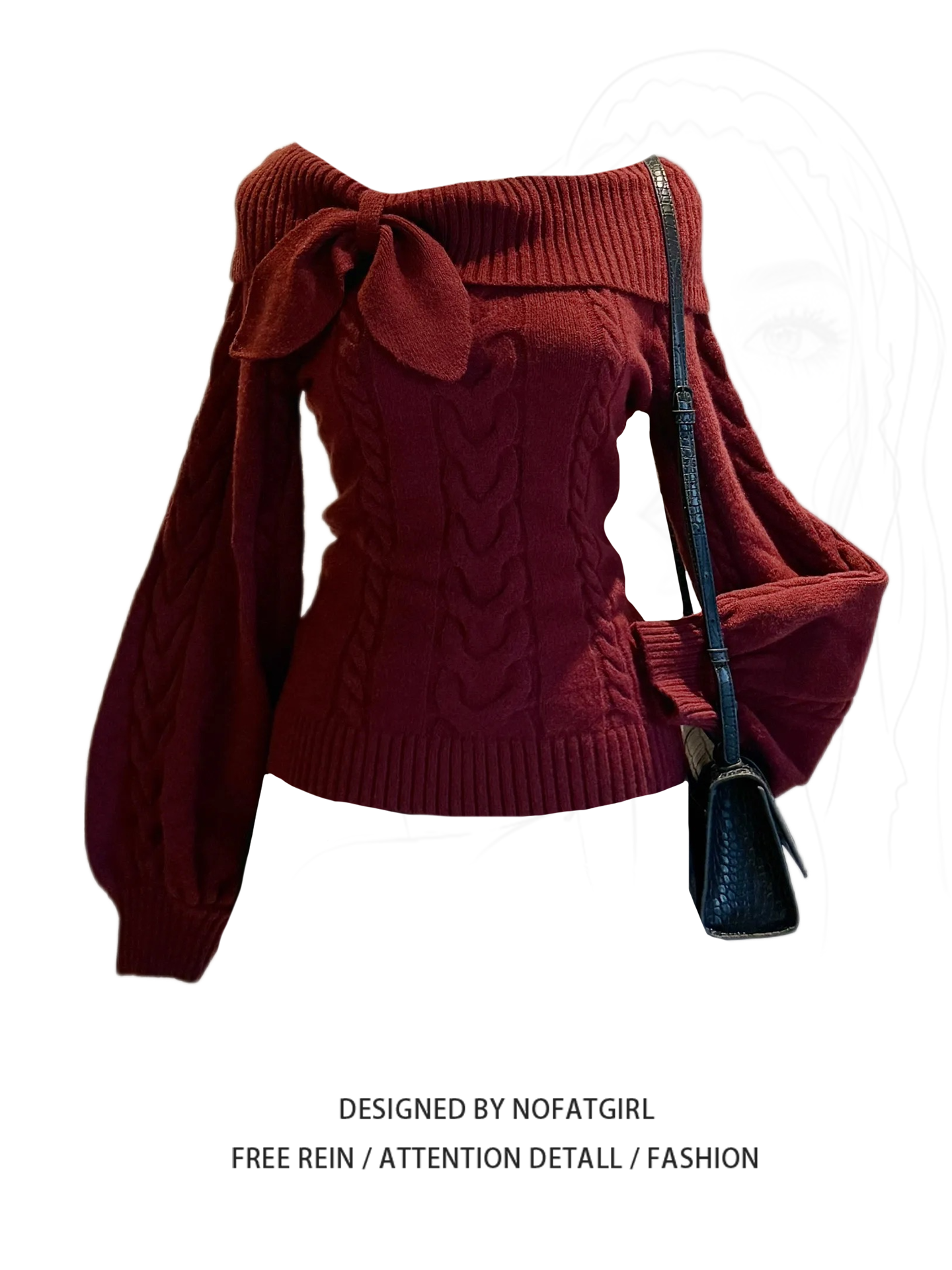 thumbnail for Large size fat mm foreign style off-the-shoulder bow knitted sweater women's autumn and winter new design sense waist red sweater
